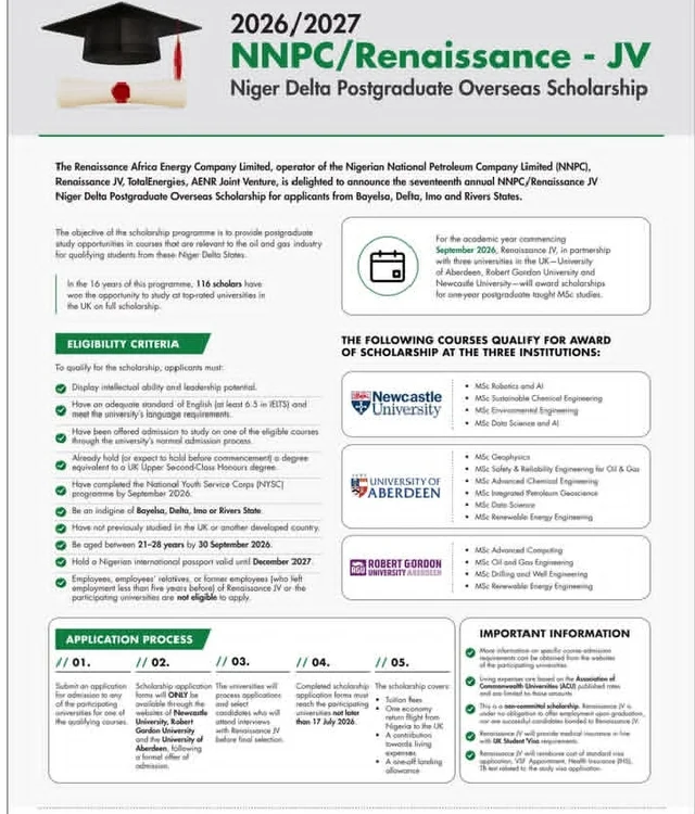 2026/2027 NNPC/Renaissance JV Niger Delta Postgraduate Overseas Scholarship