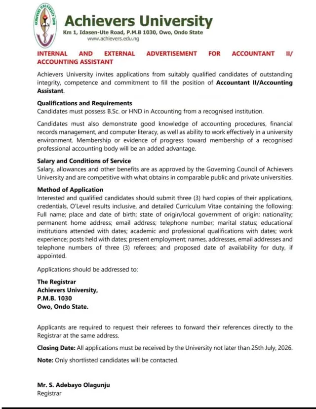 Accountant II / Accounting Assistant Needed at Achievers University