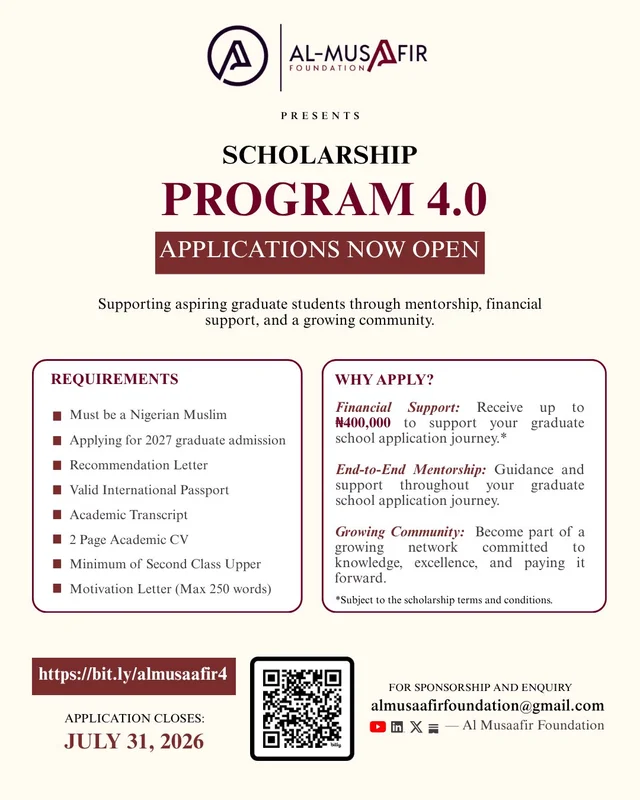 Al-Musaafir Foundation Scholarship Program 4.0 (2026)