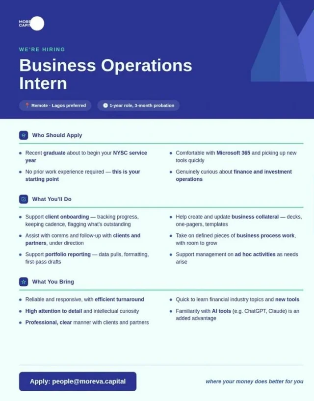 Apply for the Moreva Capital Business Operations Internship Programme 2026