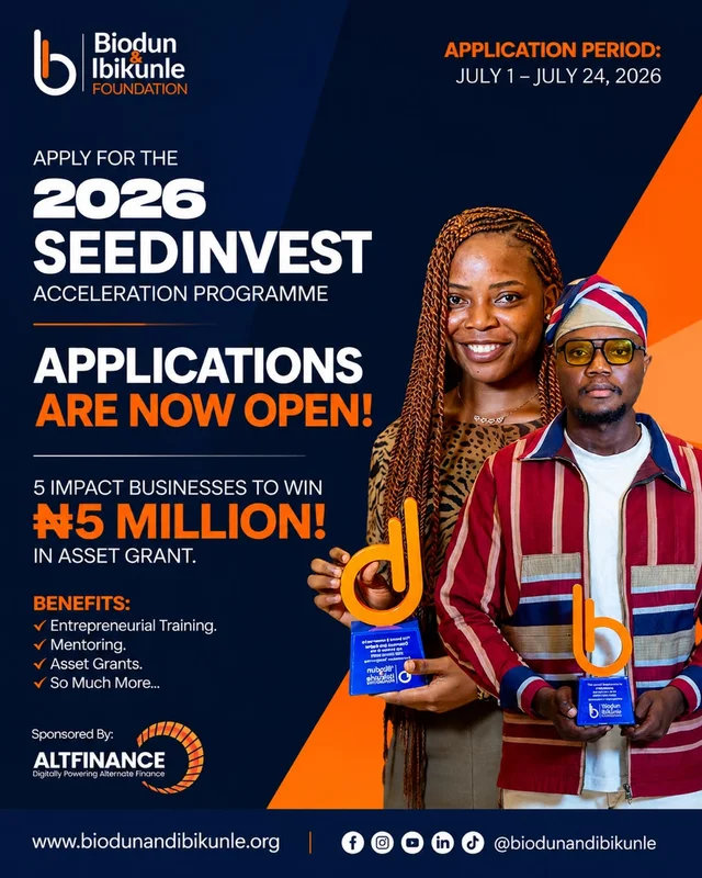 Biodun and Ibikunle Foundation SEEDINVEST Acceleration Program 2026 | Up to ₦5 Million in Asset Grants
