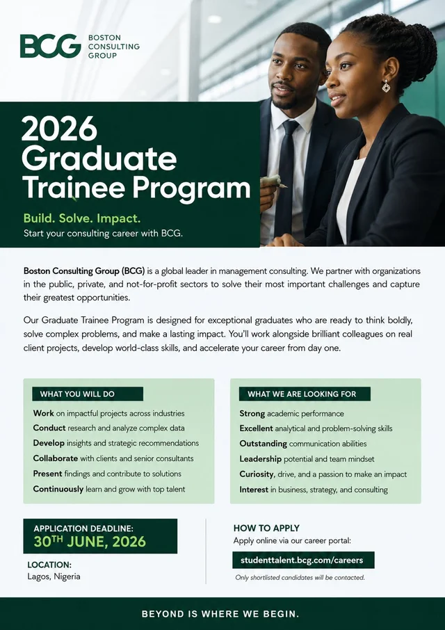 Boston Consulting Group (BCG) Graduate Trainee Program 2026