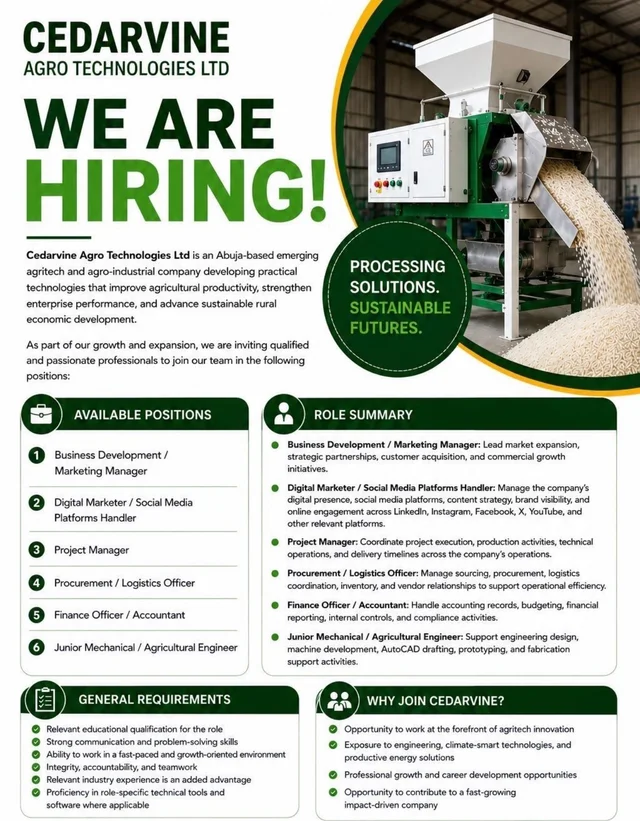 Cedarvine Agro Technologies Recruitment 2026