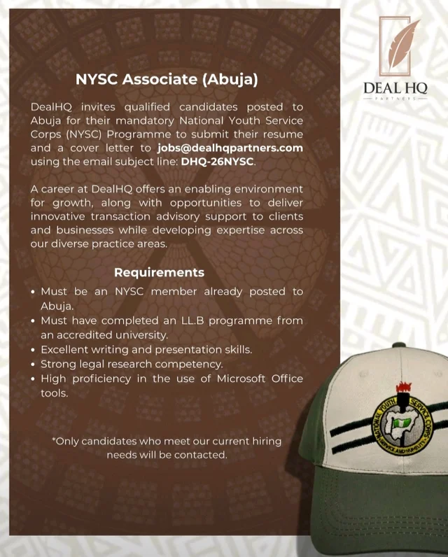DealHQ Partners is Hiring NYSC Associates