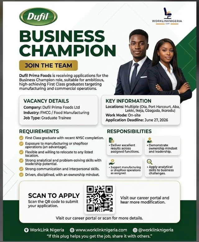 Dufil Prima Foods Business Champion Graduate Trainee Program 2026