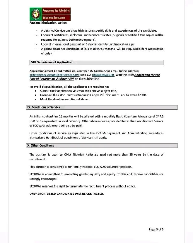 ECOWAS Volunteer Programme Assistant Recruitment 2026