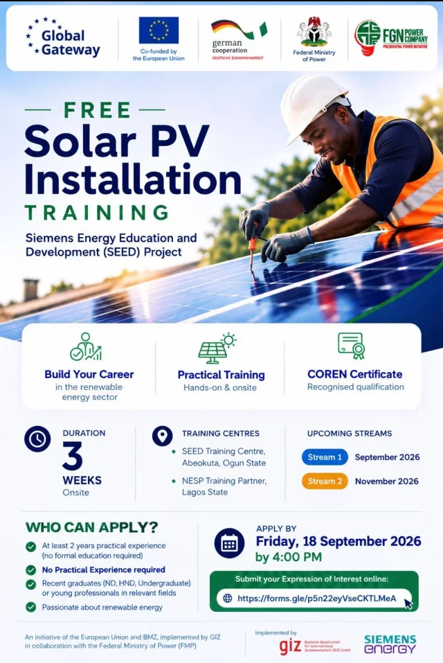 Federal Government Opens Applications for Free Solar PV Installation Training for Nigerians
