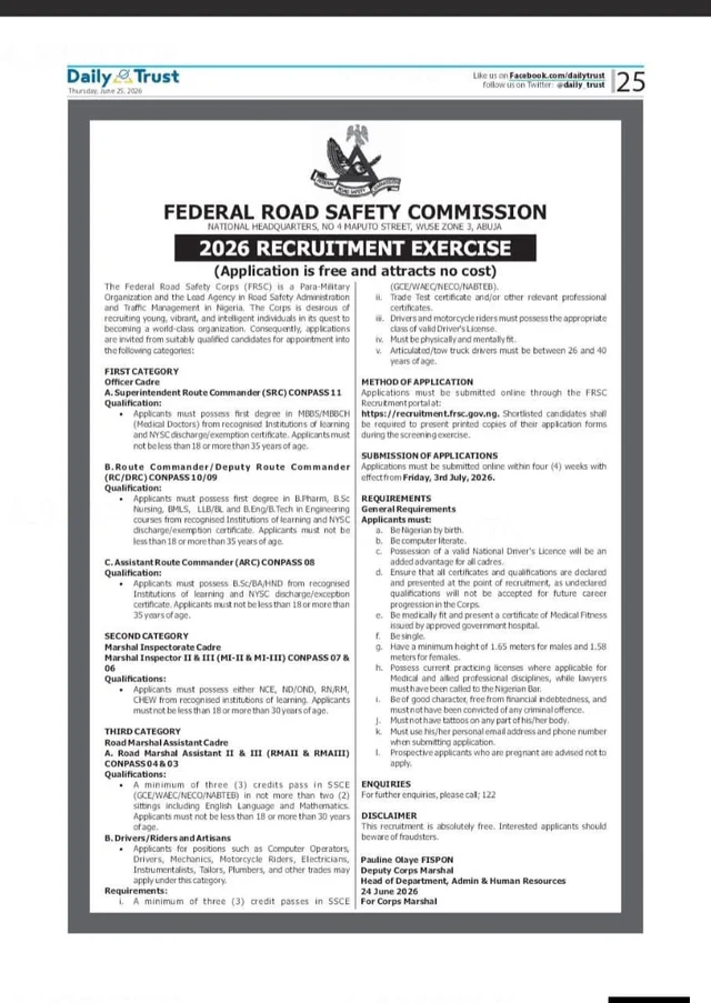 Federal Road Safety Corps (FRSC) Recruitment Exercise 2026