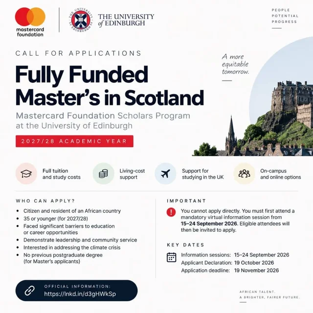 Fully Funded University of Edinburgh Mastercard Foundation Scholars Program 2027/28