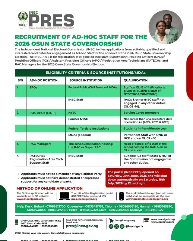 INEC Ad-Hoc Staff Recruitment for the 2026 Osun State Governorship Election