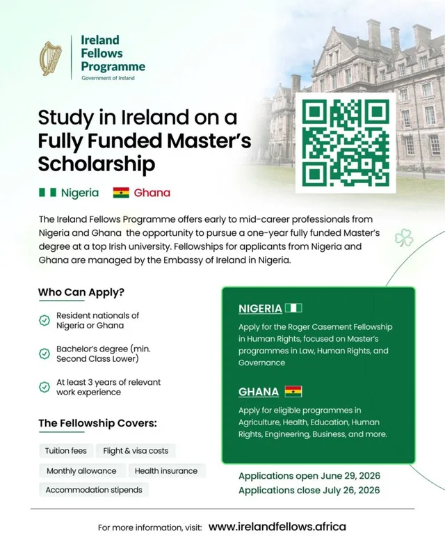 Ireland Fellows Programme Fully Funded Master’s Scholarship 2027