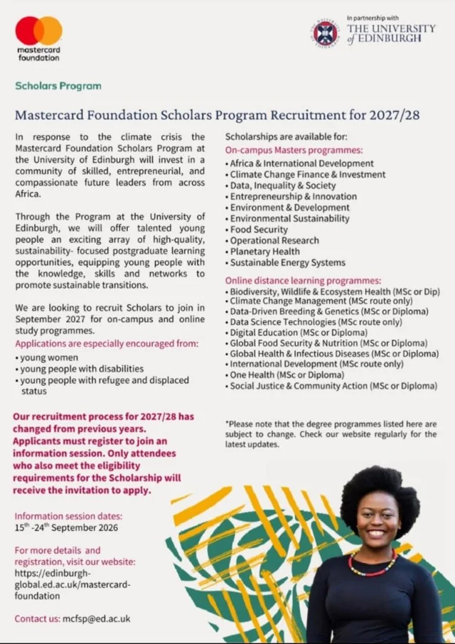 Mastercard Foundation Fully Funded Scholarship Program to the University of Edinburgh 2027/2028
