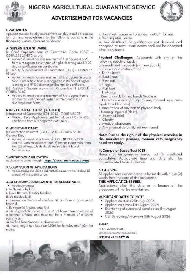Nigeria Agricultural Quarantine Service (NAQS) Nationwide Recruitment 2026