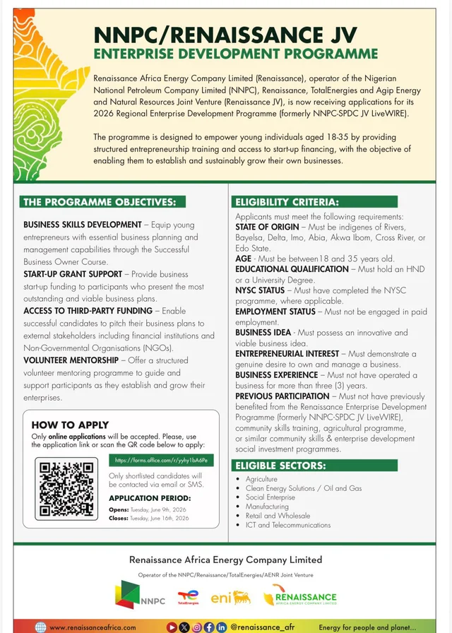 NNPC/Renaissance JV Enterprise Development Programme 2026