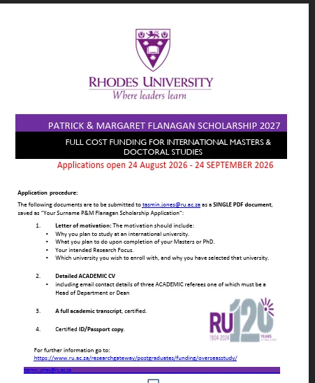 Patrick & Margaret Flanagan Scholarship 2027 at Rhodes University