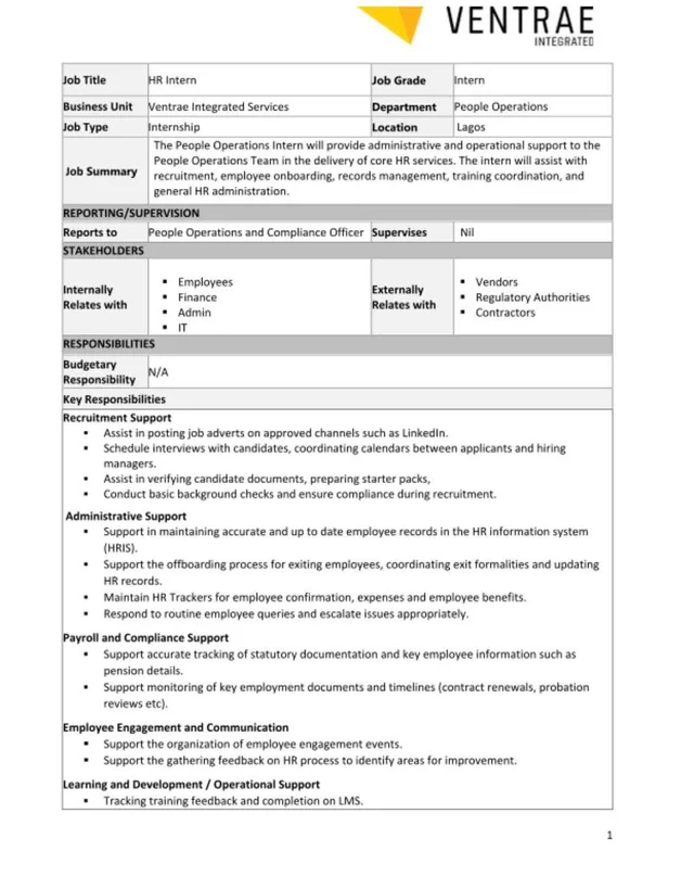 People/HR Intern Needed at Ventrae Integrated Services
