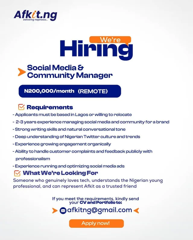 Remote Social Media & Community Manager Needed at Afkit.ng
