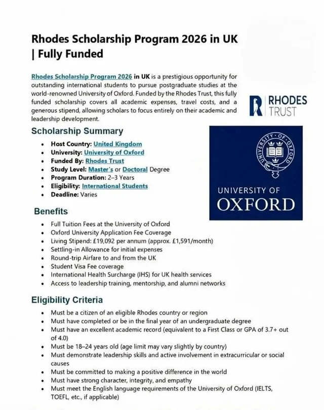 Rhodes West Africa Fully-funded Scholarship 2027 for Postgraduate Study at the University of Oxford
