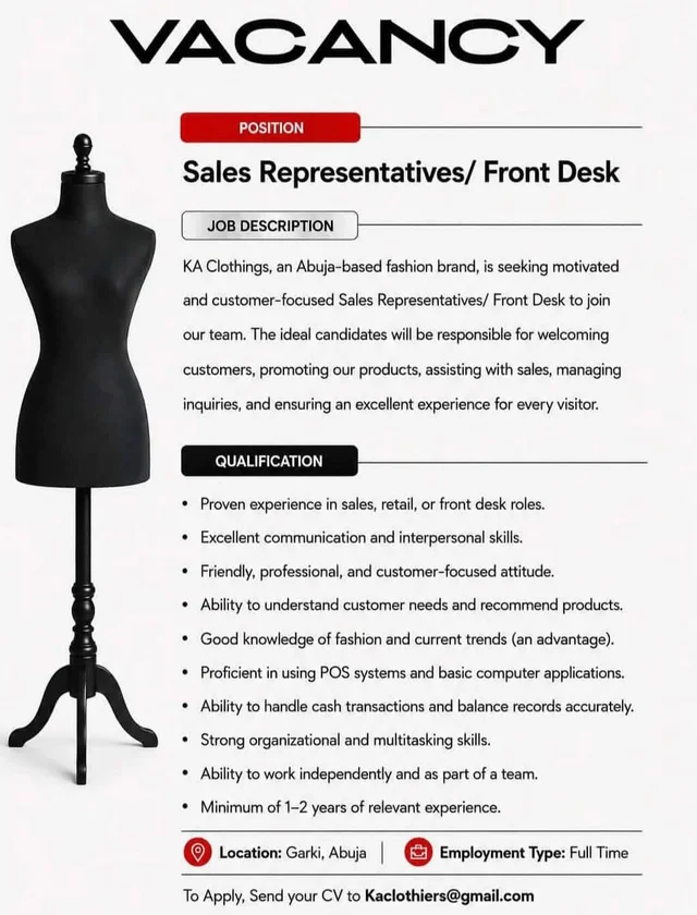 Sales Representative / Front Desk Officer Needed at KA Clothings