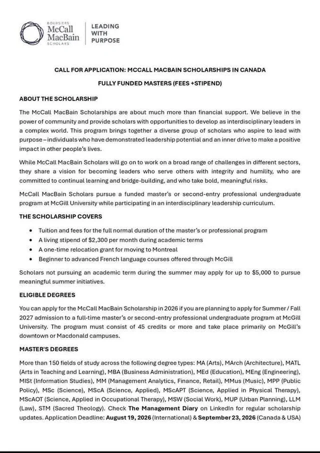 Fully Funded Masters Scholarship in Canada (The MacBain Scholarship 2026)