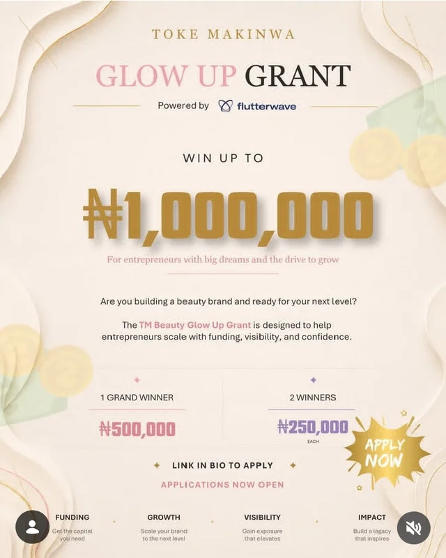 Toke Makinwa | Flutterwave Glow Up Grant 2026 for Young Nigerian Entrepreneurs